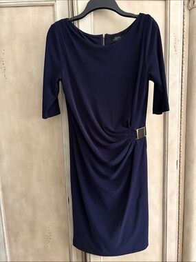 Elegant Navy Midi Dress with Side Buckle Detail